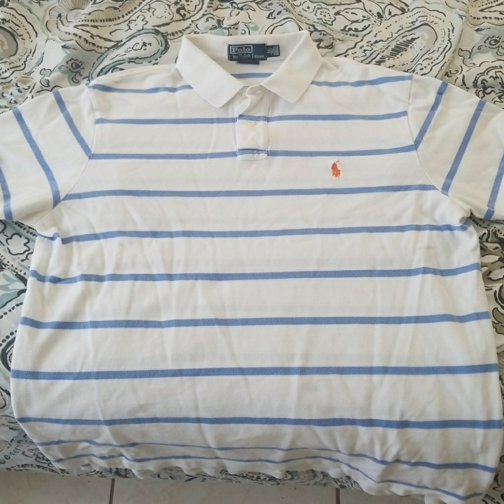 White and blue striped polo